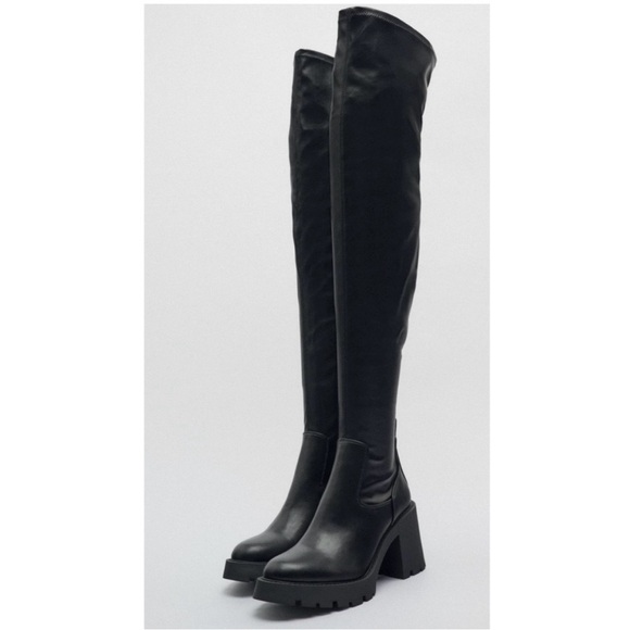 Zara Shoes - Zara Over-the-Knee Lug Sole Black Vegan Leather Boots Goth Preppy Moto, EU 39